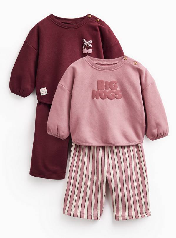 Pink Big Hugs and Cherry with Bow Motif Sweat Sets 4-Piece Up to 3 mths